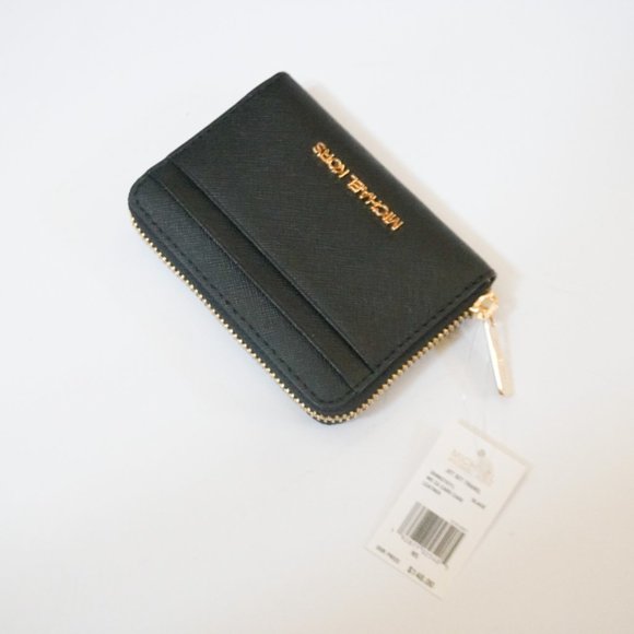 Jet Set Travel Medium Saffiano Leather Wallet in BLACK  Michael Kors JST Card Case Wallet Black/Gold